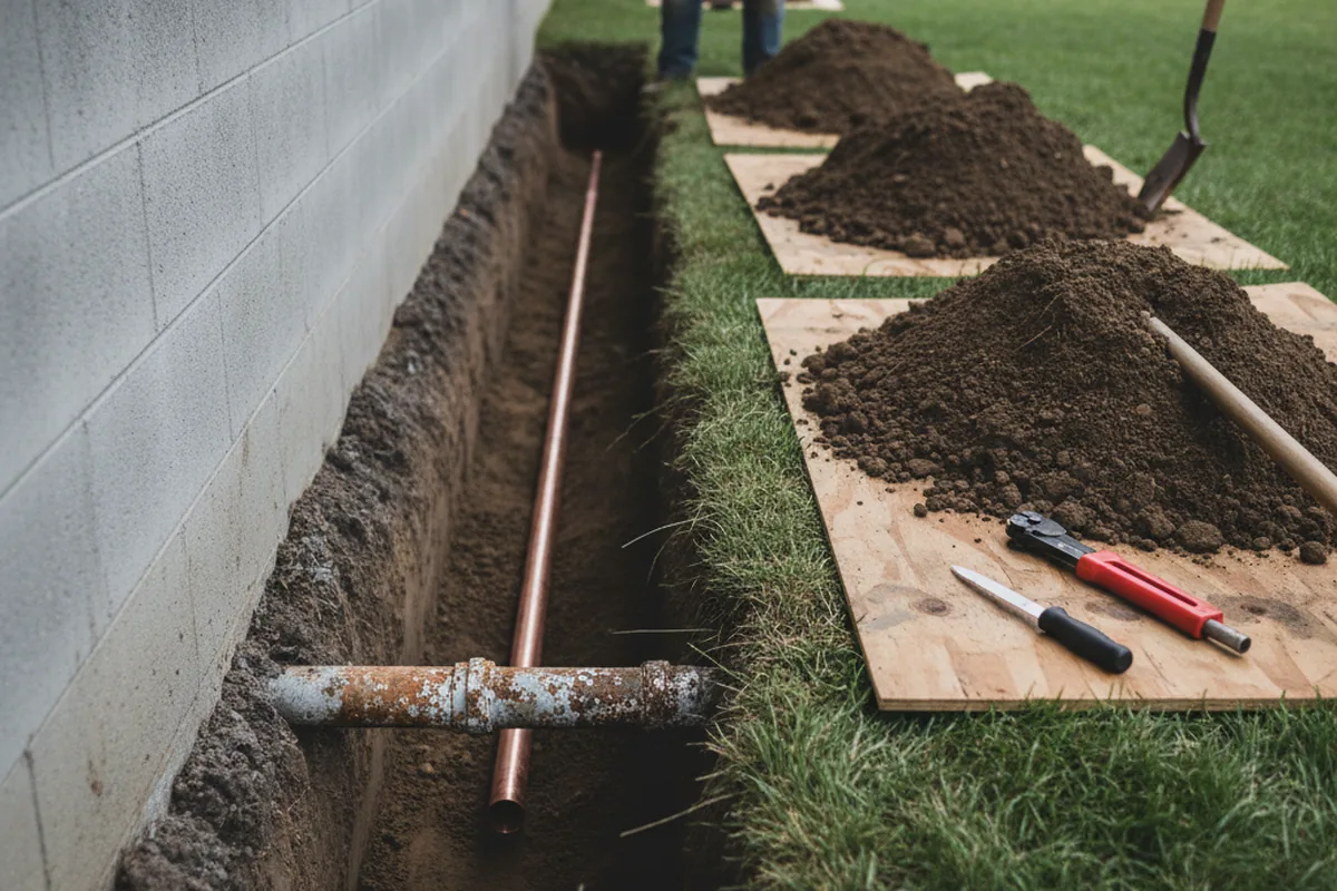 Excavated water line trench during Sewer Line Repair in Corydon